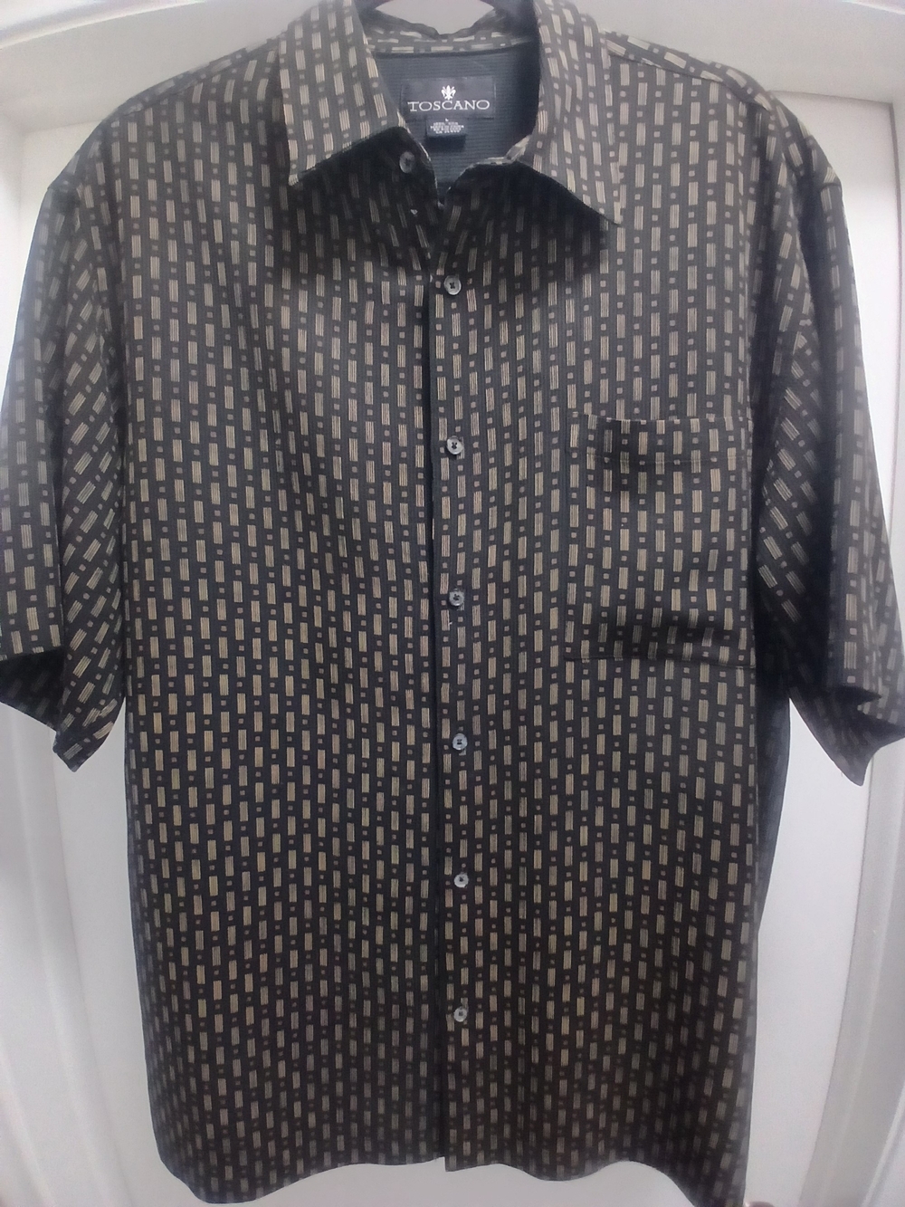 Toscano 100% Silk Short-Sleeve Black & Tan Geometric Button-Down Shirt